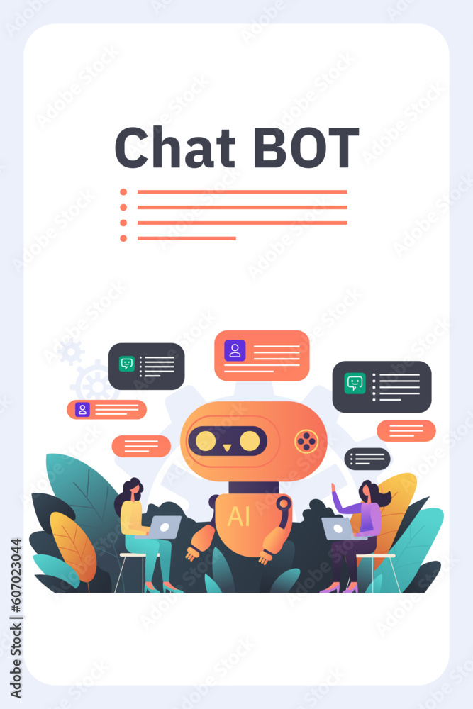Poster chatbot robot providing online assistance. chat gpt conversation with a person. use of ai in custome