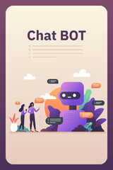 Chatbot robot providing online assistance. Chat GPT conversation with a person. Use of AI in customer service and support or messaging. Vector illustration