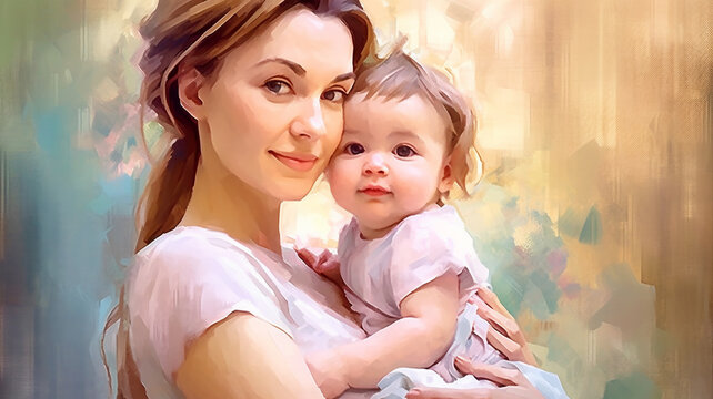 Painted image of a young mother holding her daughter in her arms, parenthood