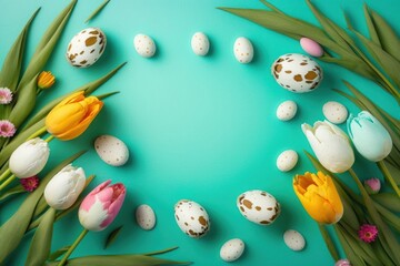 Fototapeta na wymiar Easter atmosphere concept. Top view photo of quail eggs pussy-willow and colorful tulips on isolated turquoise background with empty space in the, Generative AI