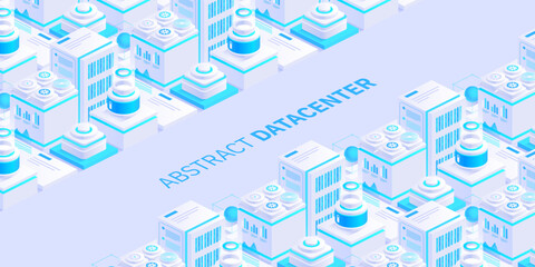 Hosting server isometric vector illustration. Abstract 3d datacenter or blockchain background. Network mainframe infrastructure website header layout. Computer storage or farming workstation.