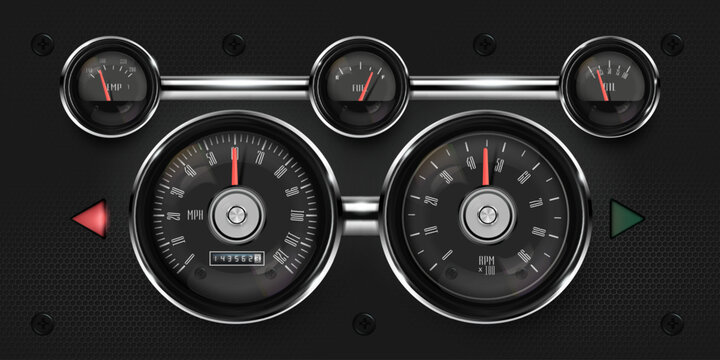 Dashboard of a retro car with arrow indicators. Vintage transport decoration