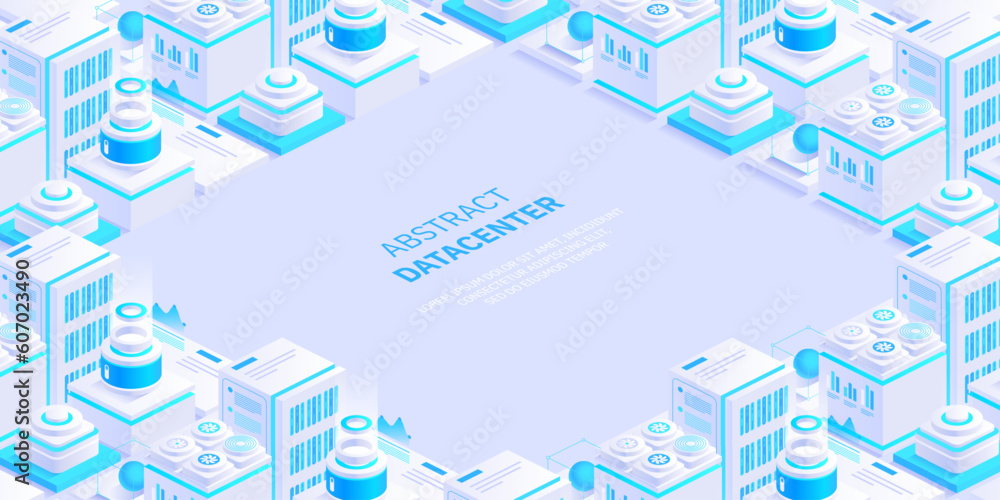 Poster hosting server isometric vector illustration. abstract 3d datacenter or blockchain background. netwo