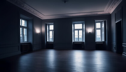Step into the captivating allure of an empty, elegant light room at night, where a soft luminosity casts a gentle glow throughout the space. 🌃🏢💡✨