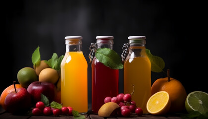 Quench your thirst with the vibrant combination of fruit juice in a refreshing bottle, accompanied by a bountiful assortment of fresh fruits.