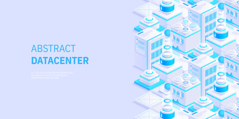 Hosting server isometric vector illustration. Abstract 3d datacenter or blockchain background. Network mainframe infrastructure website header layout. Computer storage or farming workstation.