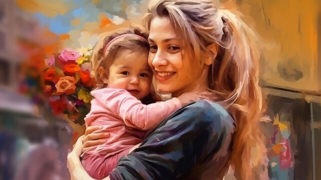 Painted image of a young mother holding her daughter in her arms, parenthood, mother's day