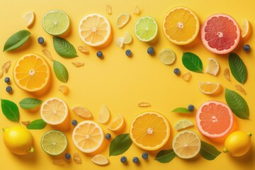 Fototapeta na wymiar Yellow summer concept. Top view of colorful citrus fruits - orange, lemon, lime, grapefruit, and mint leaves on a sunny yellow background with an empty space for text, Generative AI