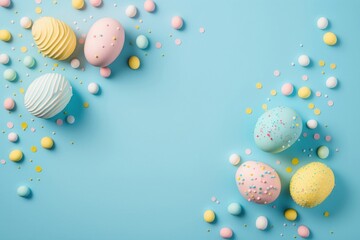 Obraz na płótnie Canvas Top view photo of yellow pink blue white easter eggs and sprinkles on isolated pastel blue background with empty space, Generative AI