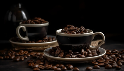 Fototapeta premium Savor the indulgence of rich coffee as it fills a cup, accompanied by the delightful aroma of freshly roasted beans. ☕️