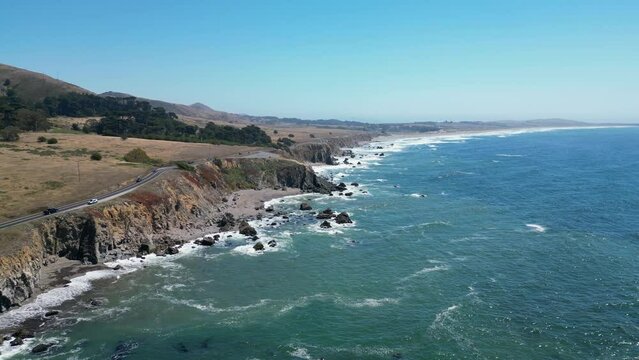 Aerial drone footage of the California coast, Highway 1