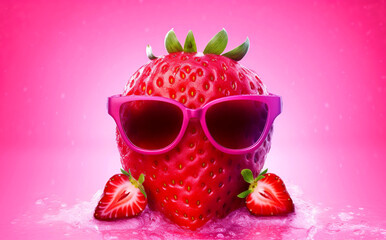 Strawberry character hipster in sunglasses, on a pink background with pieces of ice. Stylish summer fruit. Generative AI