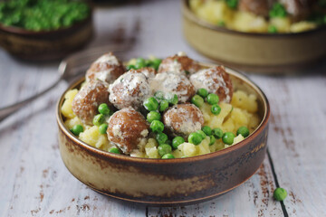 Swedish meatballs with mashed potato side dish - typical dish of Swedish cuisine