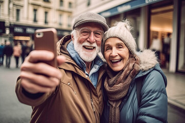 Portrait of happy loving old couple taking a selfie outside made with Generative AI technology