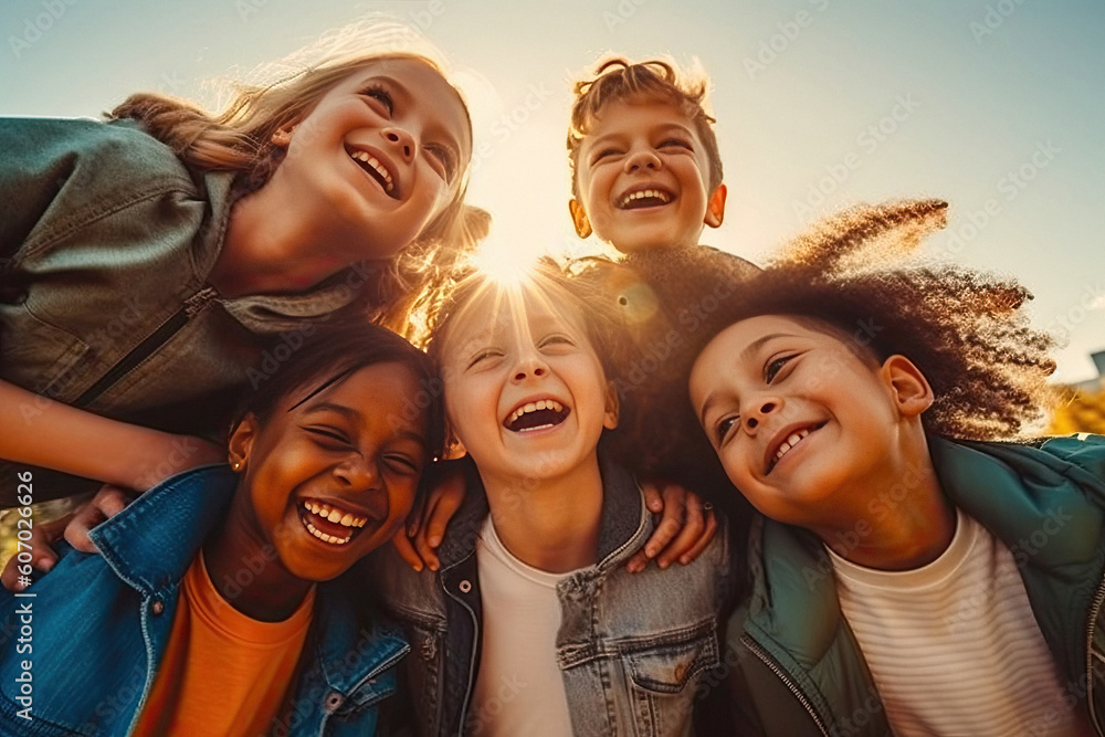 Wall mural group of diverse cheerful fun happy multiethnic children outdoors created with generative ai technol