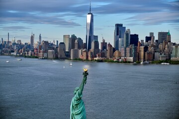 Drone shot of Statue of Liberty and lower Manhattan skyline, New York, USA