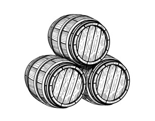 Wooden barrel. Hand drawn engraving wine alcohol barrels ink style illustrations. - 607026695