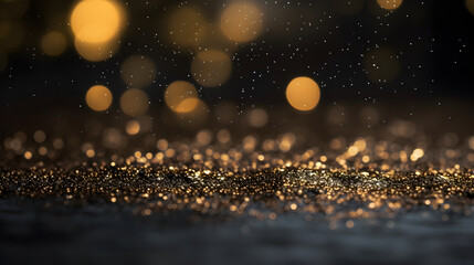 Gold glitter on black background with small bokeh. AI generate