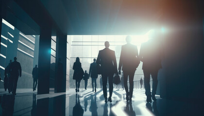 A silhouette group of business people walking to work in an office building wearing suits, with the sun shining and light flare background. generative ai