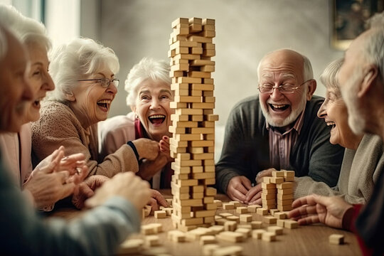 Group of happy joyful old people playing jenga created with Generative AI technology