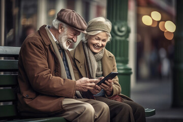 Happy satisfied cheerful laughing loving adult couple using phone outdoors made with Generative AI technology