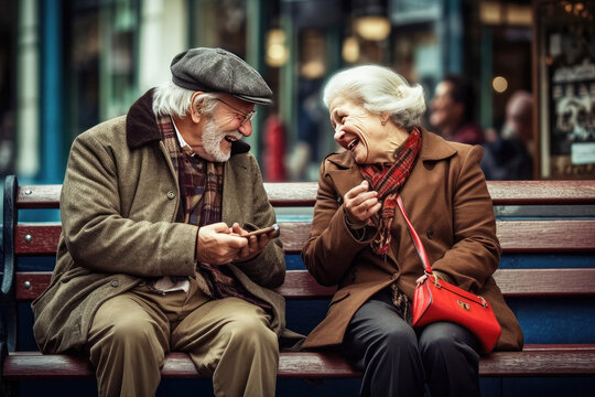 Happy satisfied cheerful laughing loving adult couple using phone outdoors made with Generative AI technology