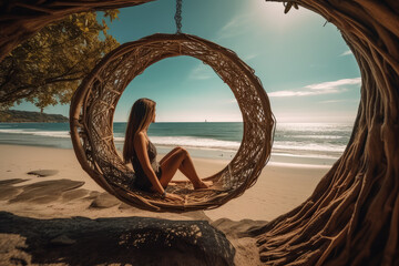 a woman is relaxing in a hanging chair on the white sandy beach, generative AI