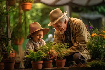 Grandfather with grandson in home garden created with Generative AI technology - obrazy, fototapety, plakaty