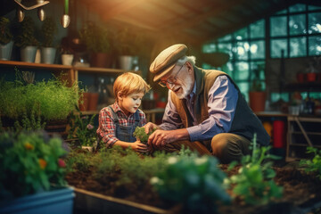 Grandfather with grandson in home garden created with Generative AI technology