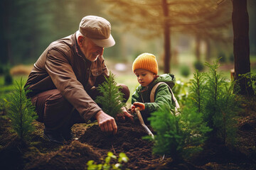 Grandfather and grandson planting trees in the forest created with Generative AI technology