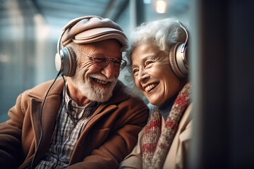 Loving happy adult couple wearing headphones together listening to romantic music together created with Generative AI technology