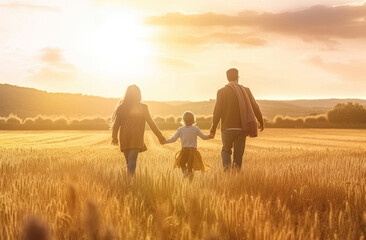 Happy family together in the field at sunset made with Generative AI technology