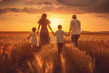 Fototapeta na wymiar Happy family together in the field at sunset made with Generative AI technology