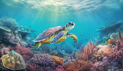 Fototapeta na wymiar turtle in the ocean by sea with coral reefs and fish, generative AI