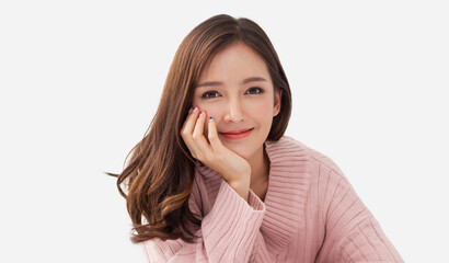 Fototapeta premium Smiling of beautiful asian woman fresh healthy white skin, clean, asian girl touching on face applying cream, skincare, cosmetics, cosmetology, beauty, fashion on white.spa and wellness