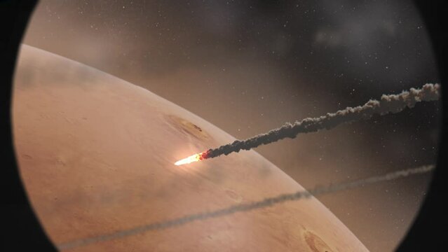 Meteors Burning over Planet mars, space shuttle window. 
Cinematic view of Meteors asteroids burning over mars seeing from shuttle window

