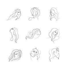 Woman with long hair, abstract portraits, continuous line drawing, girl - one line on a white background, vector illustration. Tattoo, print and logo design for spa or beauty salon.