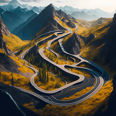 Exploration and adventure through a stunning aerial view of winding roads and mountainous landscapes. Generated AI.