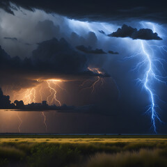 Raw power and energy of a thunderstorm, capturing lightning strikes against a dramatic sky. Generated AI.