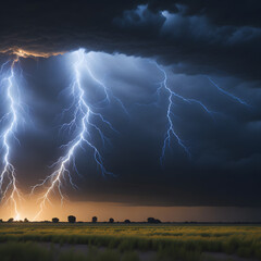 Raw power and energy of a thunderstorm, capturing lightning strikes against a dramatic sky. Generated AI.