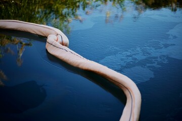 Top view of oil absorbent netted boom on the surface of Isar river in Bavaria, Germany