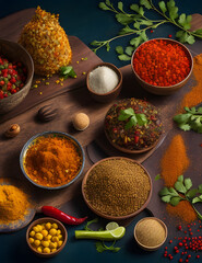 Intricate details and vibrant colors of exotic spices and ingredients in a visually stunning culinary composition. Generated AI. 