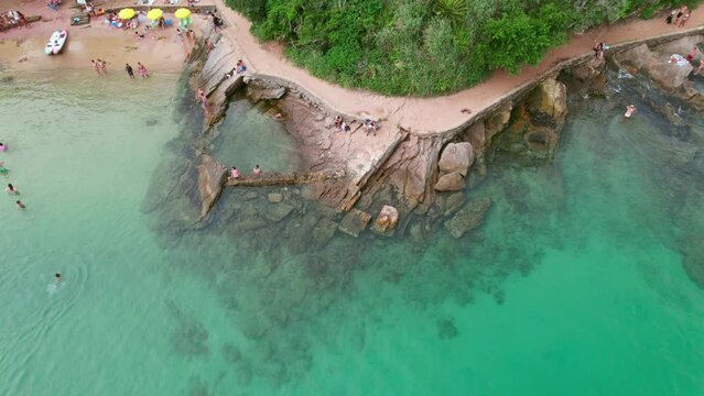 Natural Turquoise Transparent Water Swimming Bay in Buzios Brazil Rio de Janeiro Aerial Drone Fly Above Azeda and Azedinha Beach