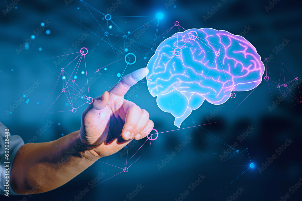 Poster Artificial intelligence and machine learning concept with man hand touching virtual screen with digital blue human brain with pink convolutions symbol on dark blurred background