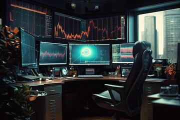 Stock market financial statistics on screen, share pricing, online trading data made with Generative AI technology