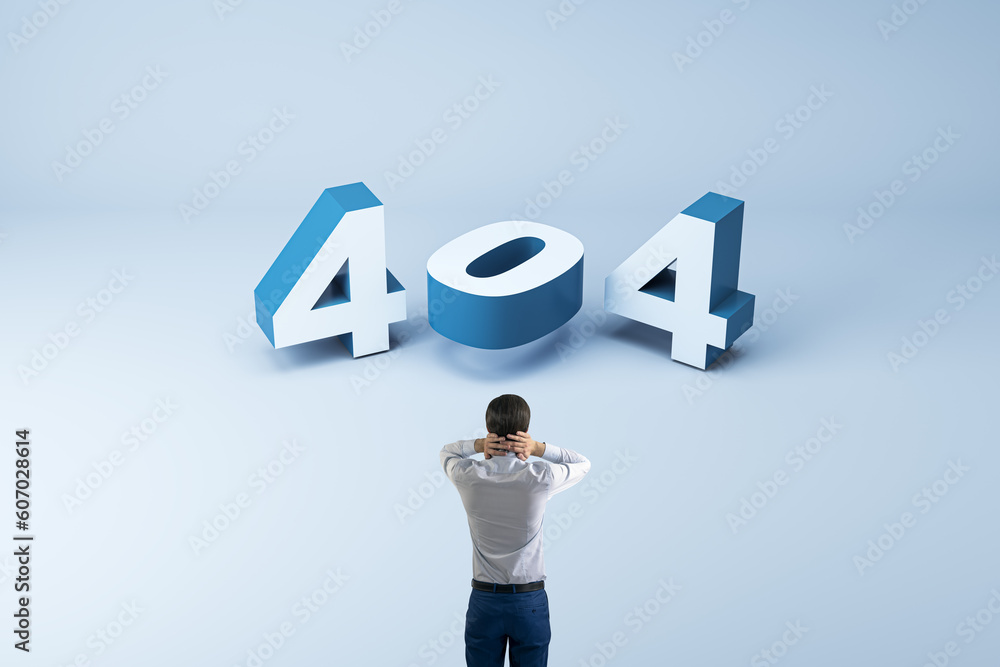 Poster 404 page not found error concept with 3d digits and panic person holds his head on light blue background