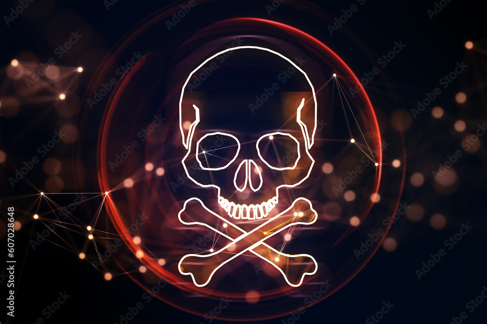 Poster Red glowing skull and bones digital illustration, dark screen texture background, hacking attack and ransomware concept. 3D Rendering