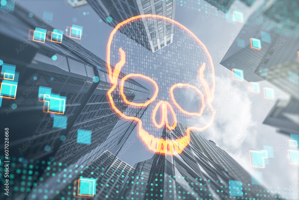 Poster Abstract glowing digital binary code skull on blurry toned city texture. Hacking, piracy, malware and data theft concept. Double exposure.