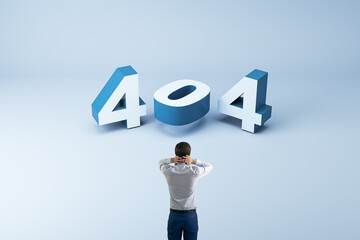 404 page not found error concept with 3d digits and panic person holds his head on light blue...