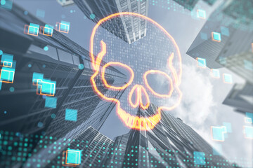 Abstract glowing digital binary code skull on blurry toned city texture. Hacking, piracy, malware and data theft concept. Double exposure.